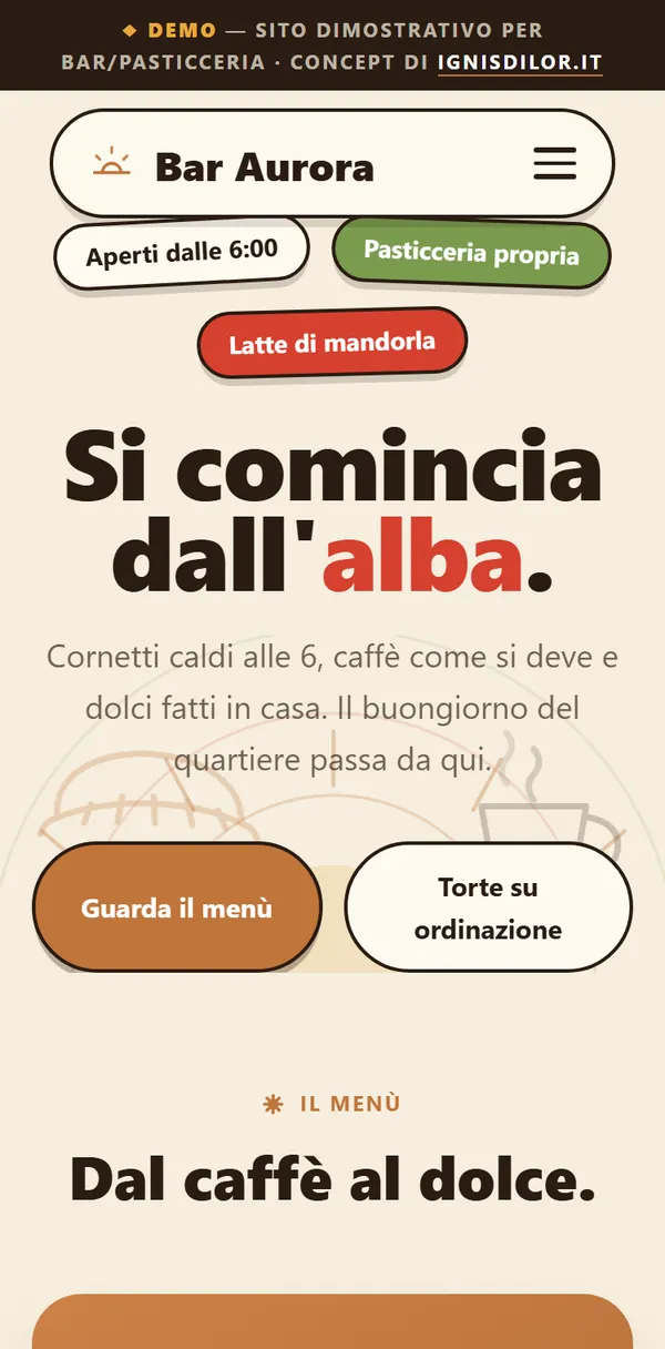 Demo Bar Aurora: sito per bar e pasticceria visto da telefono