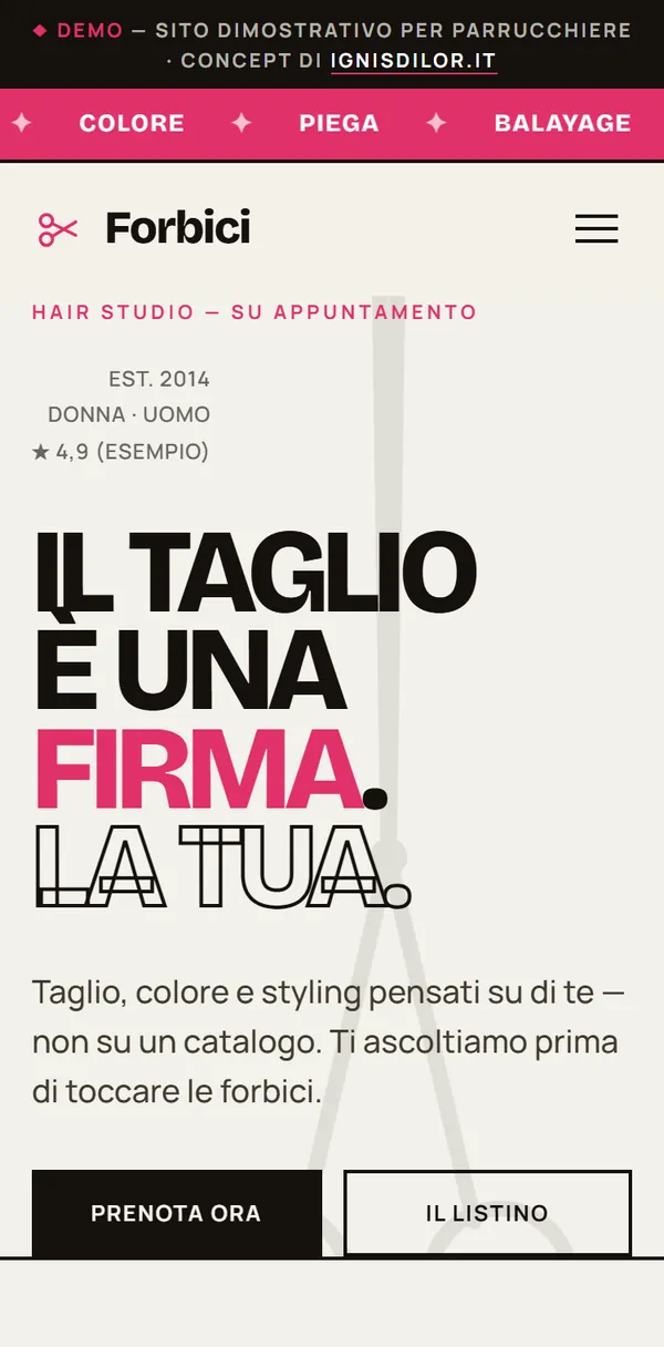 Demo Forbici: sito per parrucchiere visto da telefono