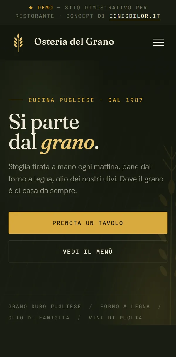 Demo Osteria del Grano: sito per ristorante visto da telefono